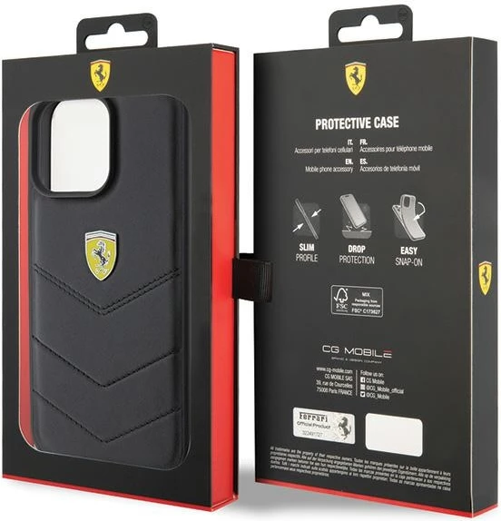 Mbështjellës Ferrari Quilted Metal Logo për iPhone 15 Pro Max, e zezë