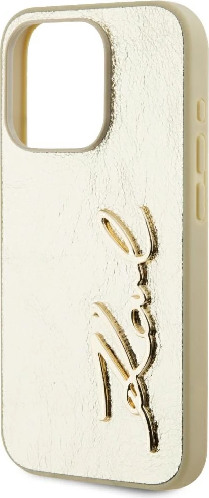 Mbështjellës Karl Lagerfeld Wrinkled Metal Signature për iPhone 15 Pro, Gold
