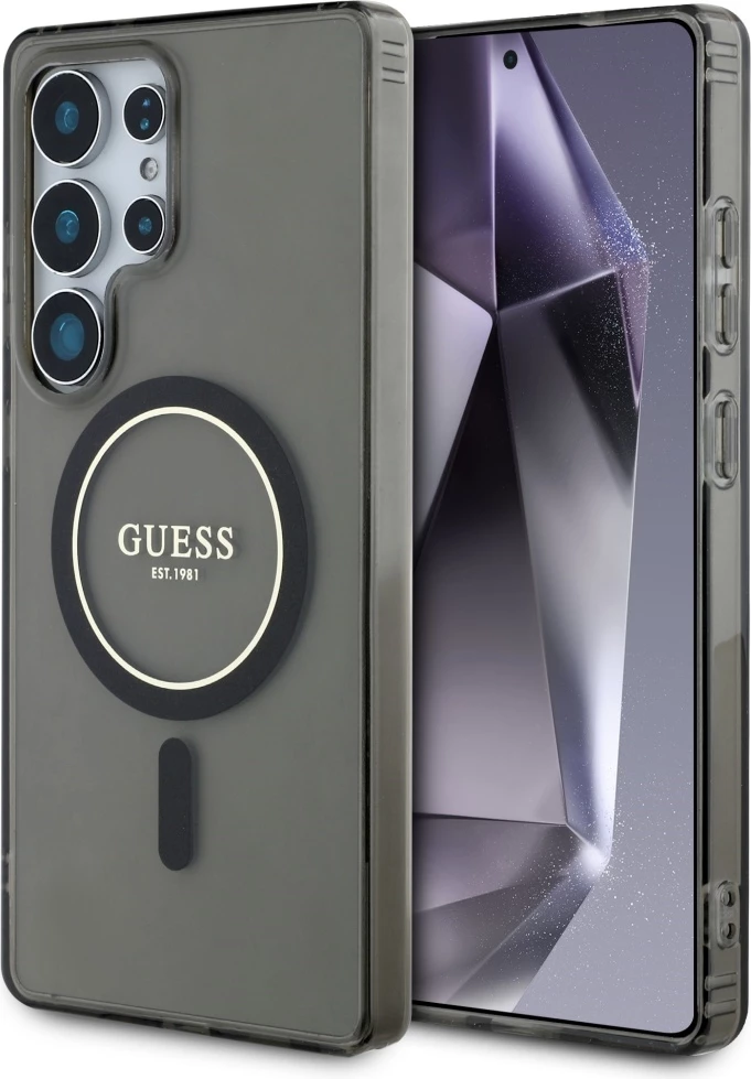 Mbështjellës Guess Glitter Circle Classic Logo MagSafe për Samsung Galaxy S25 Ultra, zi