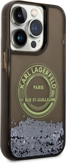 Mbështjellës Karl Lagerfeld Liquid Glitter RSG për iPhone 14 Pro, i zi