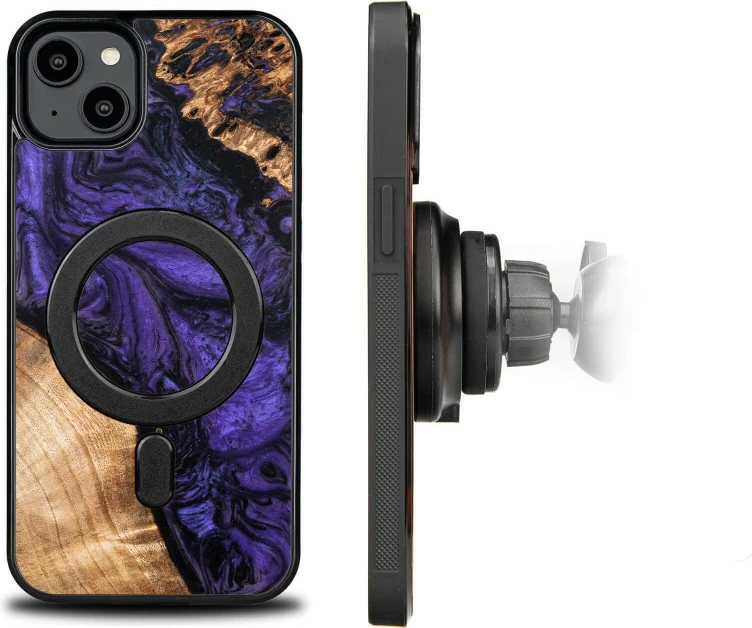 Mbështjellës për celular Bewood Unique Violet për iPhone 15 Plus, MagSafe, dru dhe rrëshirë, vjollcë e zezë