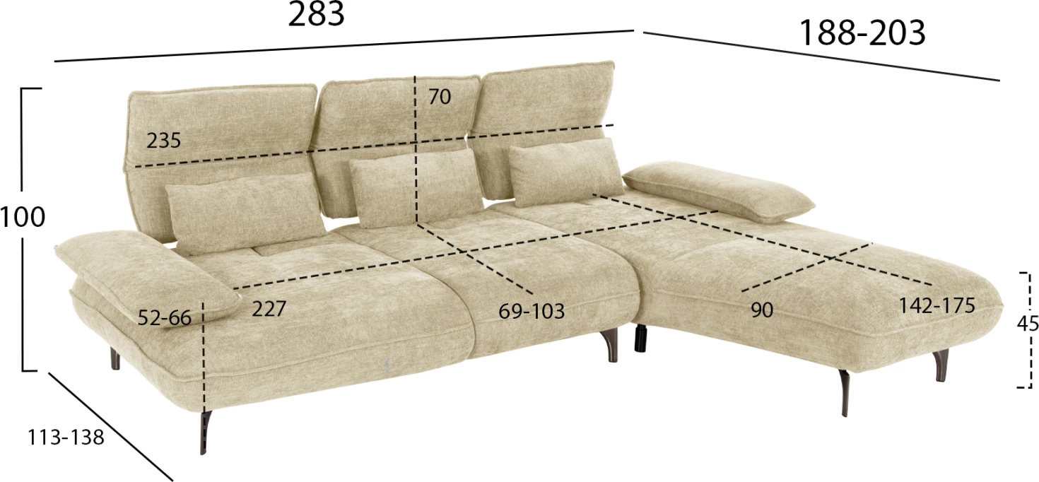 Shtrat divan këndor (djathtas) CONVERT FH3268.01R, pëlhurë ecru, 283x188x100H cm