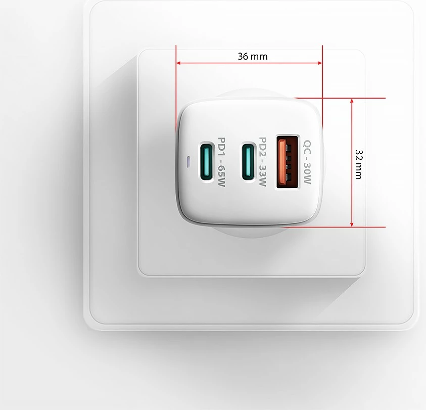 Karikues mural GaN, AXAGON ACU-DPQ65W, 65W, 3 porta (USB-A + 2x USB-C), PD 3.0/QC 4+/PPS, i bardhë