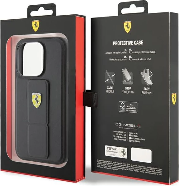 Mbështjellës Ferrari Grip Stand Metal Logo për iPhone 15 Pro, i zi