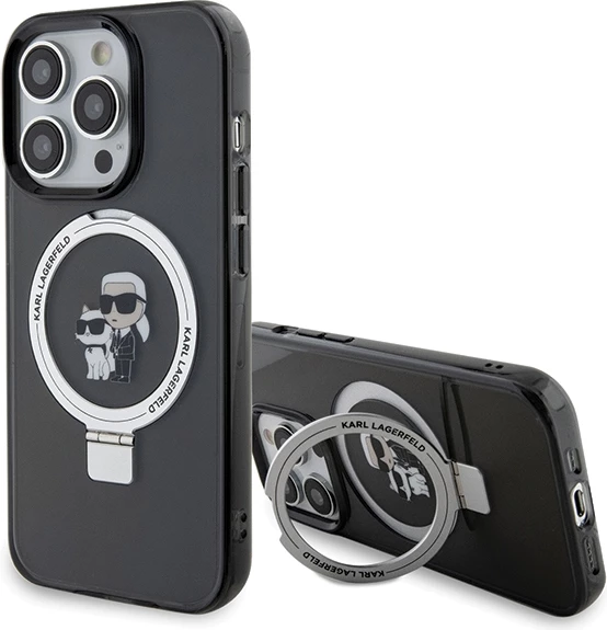 Mbështjellës Karl Lagerfeld KLHMP13LHMRSKCK për iPhone 13 Pro 6.1", me unazë Ring Stand, MagSafe, zi