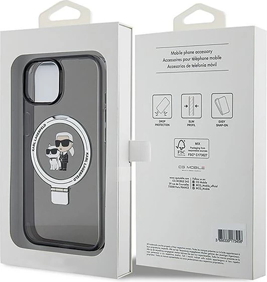 Mbështjellës Karl Lagerfeld KLHMP15MHMRSKCK për iPhone 15 Plus 6.7", me unazë Ring Stand, MagSafe, zi