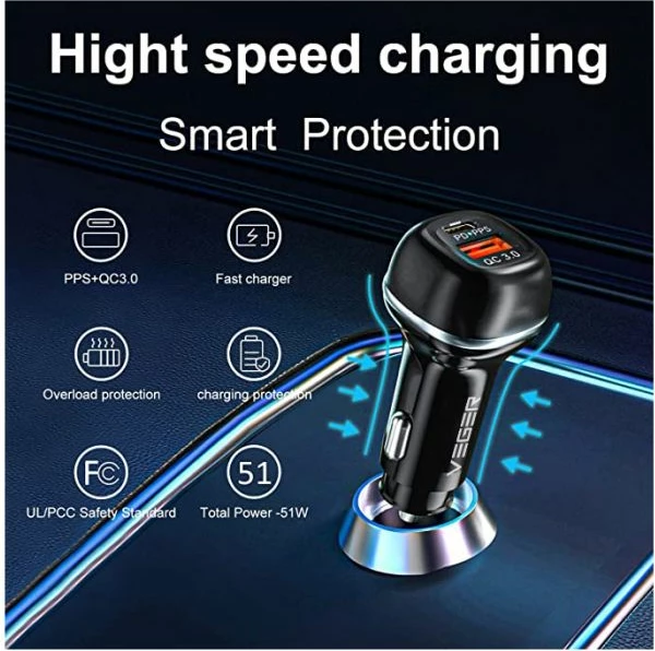 Karikues makine VEGER CC62-1A1C 51W USB-A + USB-C PD/QC3.0, i zi