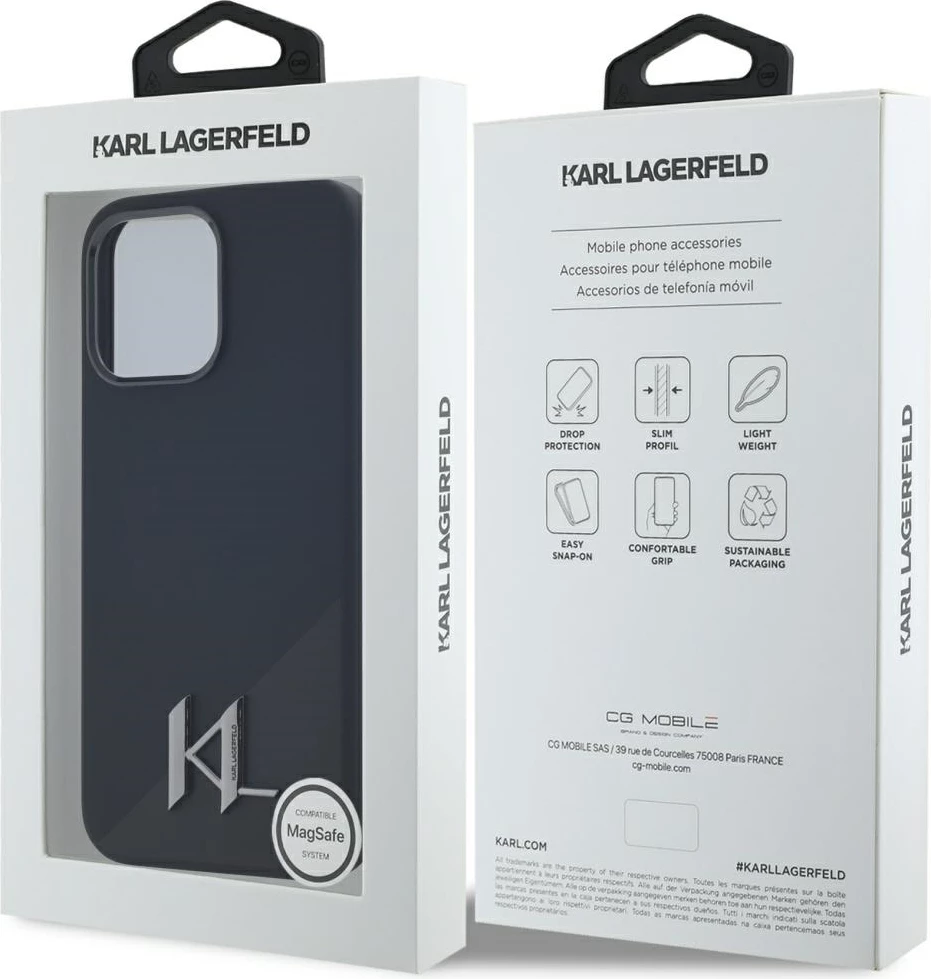 Mbështjellës Karl Lagerfeld Silicone Shadow Metal Initial MagSafe për iPhone 15 Pro, i zi