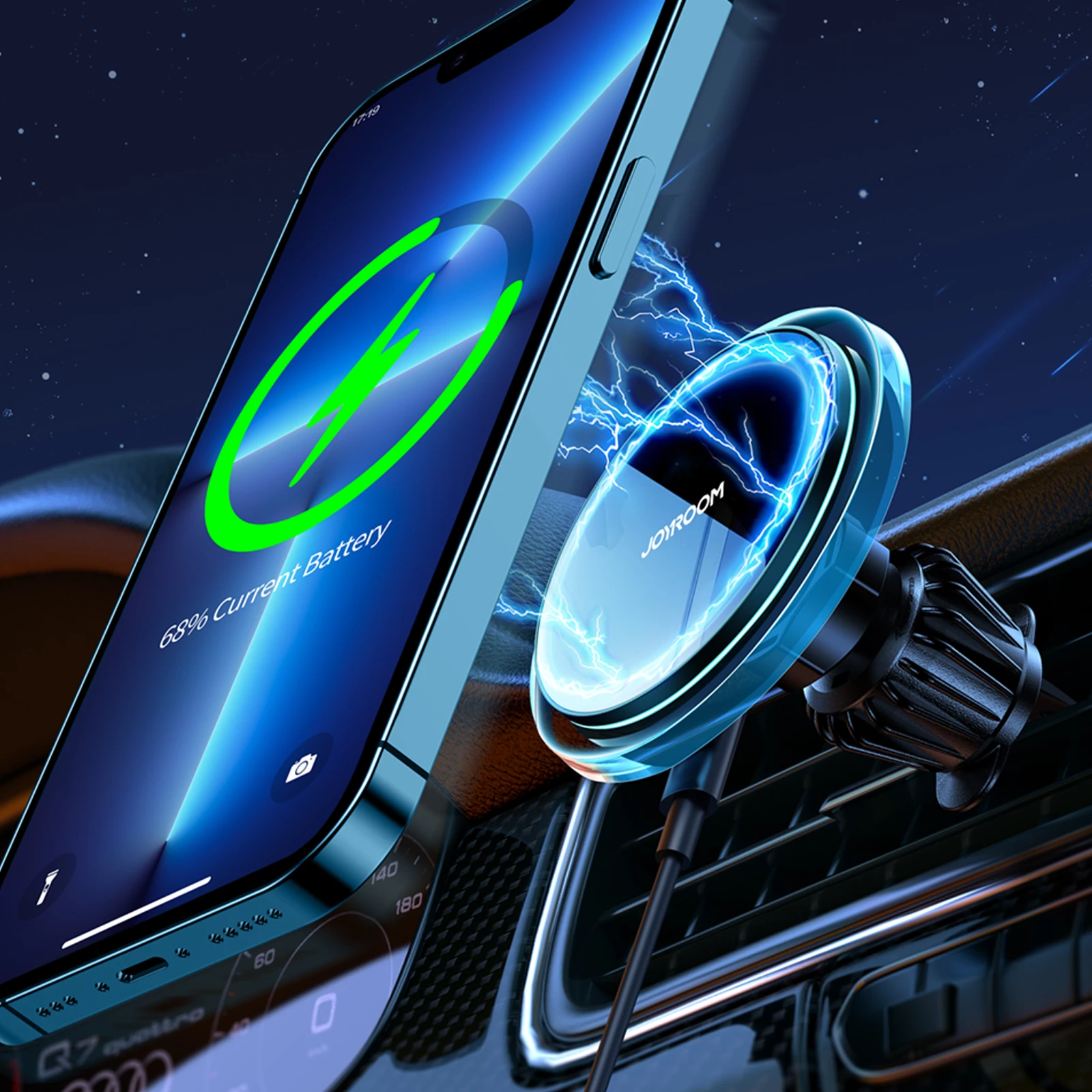 Mbajtëse makine për celular me karikues wireless MagSafe 15W, Joyroom JR-ZS291, për grilë ajrimi, me rrotullim 360°, me kabllo USB-A në USB-C, argjendtë