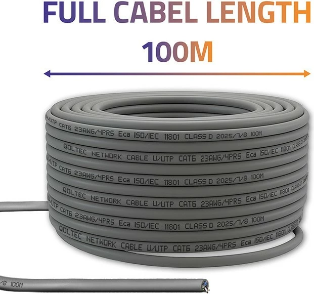 Kabllo rrjeti U/UTP CAT6, Qoltec 54560, bakër CU njëbërthamëshe 0.52 mm, 250 MHz 1 Gb/s, 100 m, gri