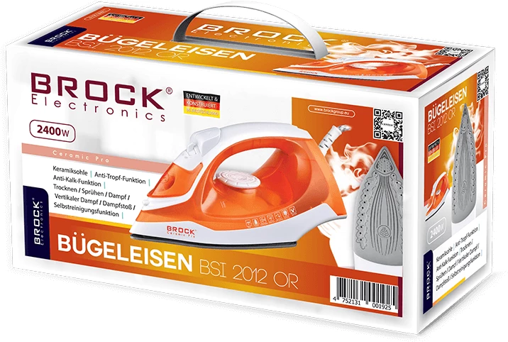 Hekur me avull Brock BSI 2012 OR 2400W, shollë qeramike, rezervuar 280 ml, portokalli/bardhë