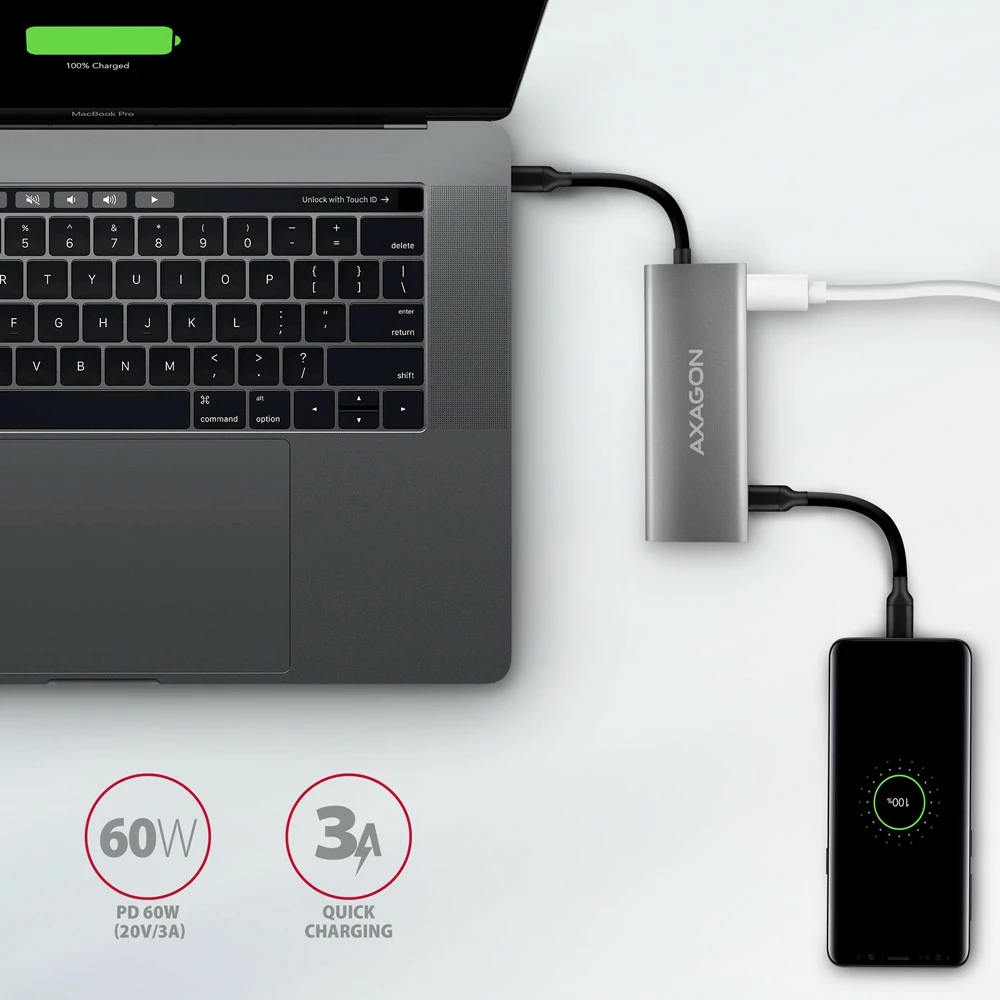 Kasë AXAGON HMC-5G21, Multiport USB Hub 5in1, 10Gbps, 2x USB-A + 2x USB-C + HDMI 4K/30Hz, PD 60W, Gri