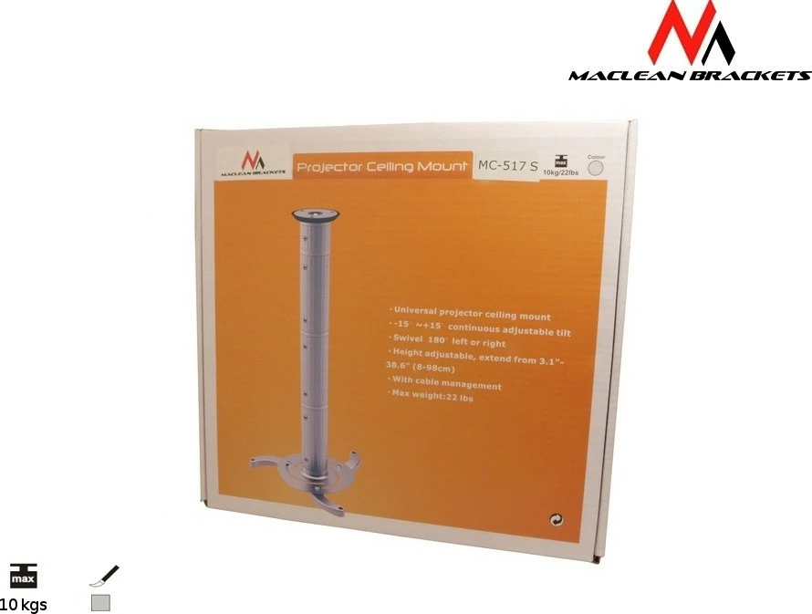 Mbajtës tavani për projektor Maclean MC-517S, universal, i rregullueshëm, argjendtë