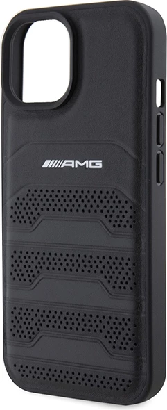 Mbështjellës Mercedes AMG Leather Debossed Lines për iPhone 15 Plus, i zi