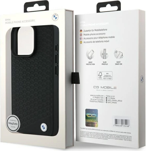 Mbështjellës BMW Sign Leather Diamond Metal Logo MagSafe për iPhone 16 Pro, i zi