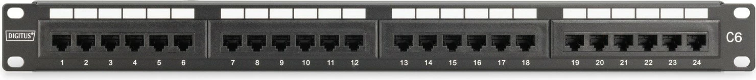 Patch Panel, Digitus DN-91624U-CR, 19" 1U, 24x RJ45 CAT 6 UTP, LSA vertikal me udhëzues kabllosh dhe fusha etiketime, e zezë