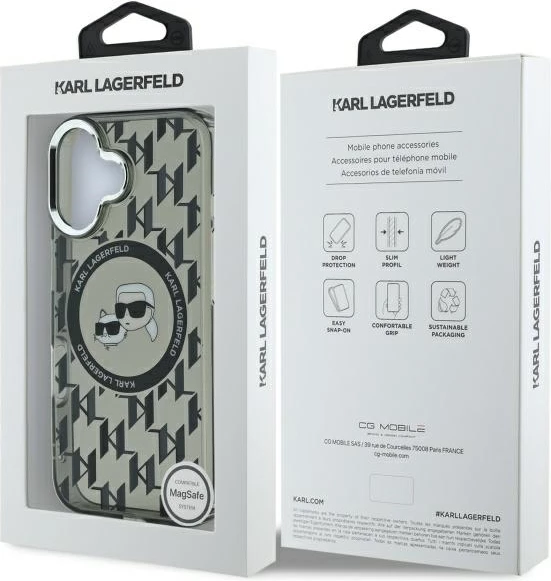 Mbështjellës Karl Lagerfeld IML Monogram Karl & Choupette Head MagSafe për iPhone 16, Zi