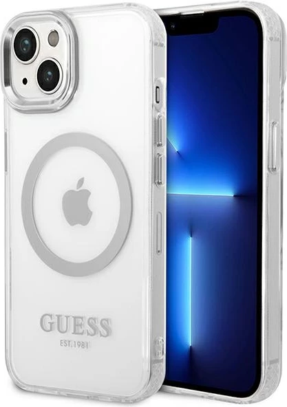 Mbështjellës Guess GUHMP14SHTRMS për iPhone 14 6.1", hardcase, MagSafe, argjendtë/transparent