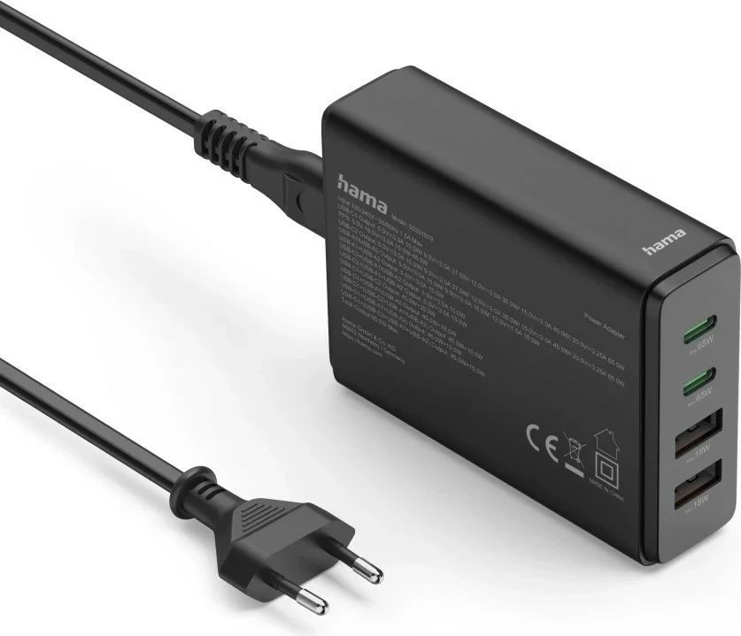 Karikues universal Hama GaN 65W, 2x USB-C, 2x USB-A, e zezë