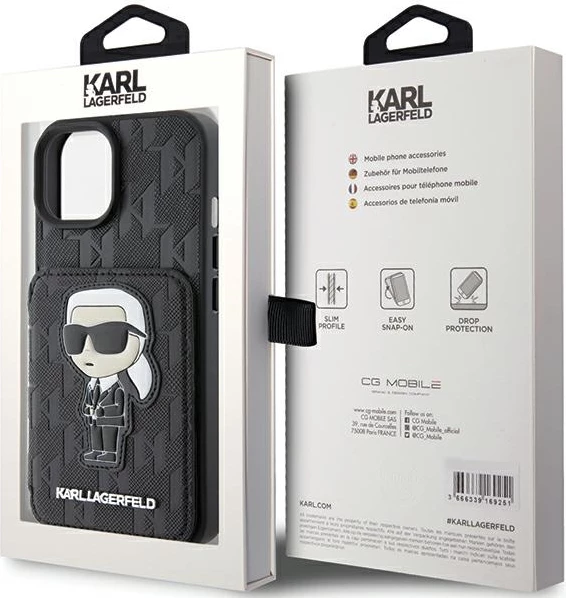 Mbështjellës Karl Lagerfeld Saffiano Cardslots & Stand Monogram Ikonik Patch për iPhone 15, i zi