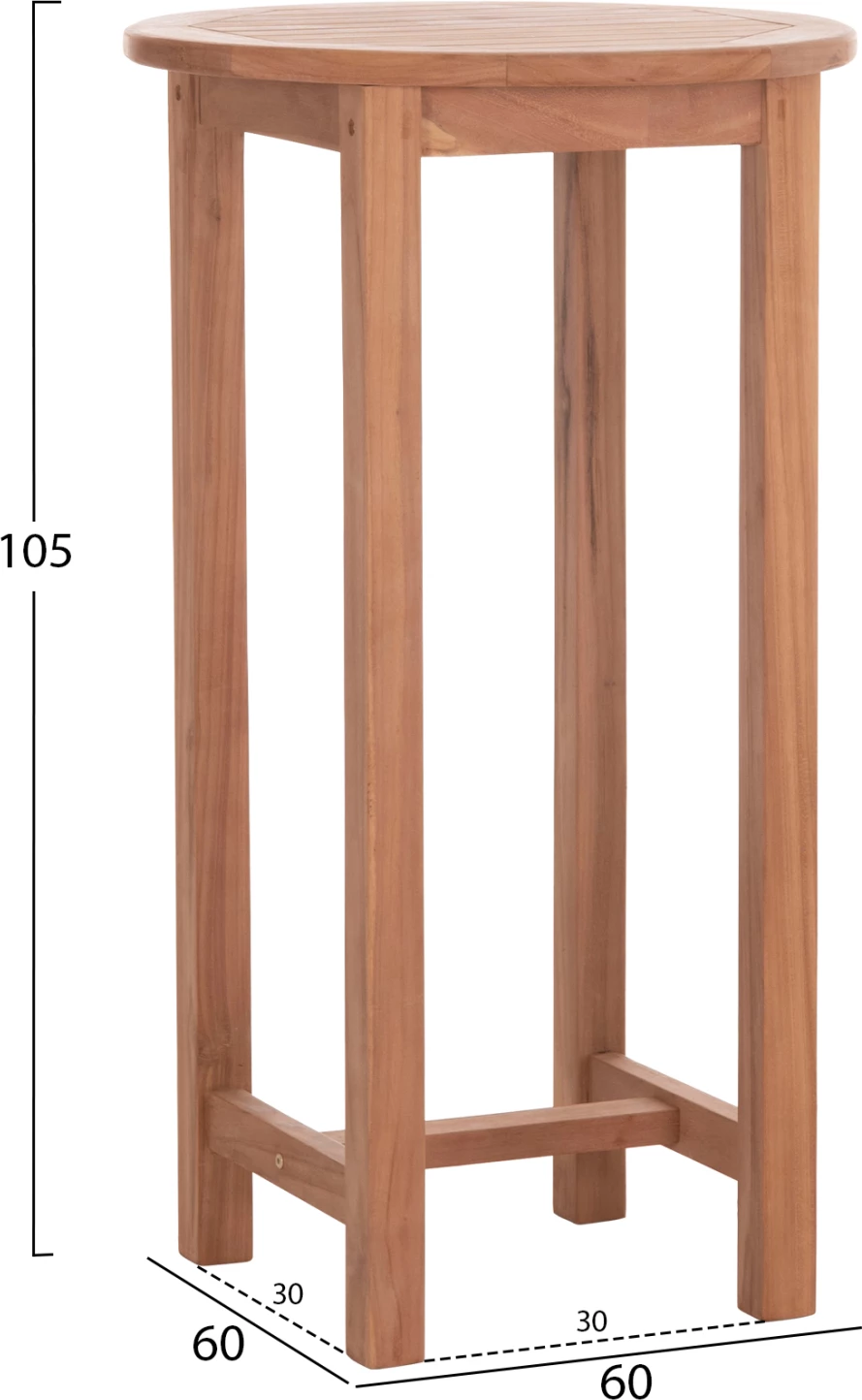 Tavolinë e lartë bar, rrumbullake, dru tik natyral, PRESSCOT FH18114, 60x105cm