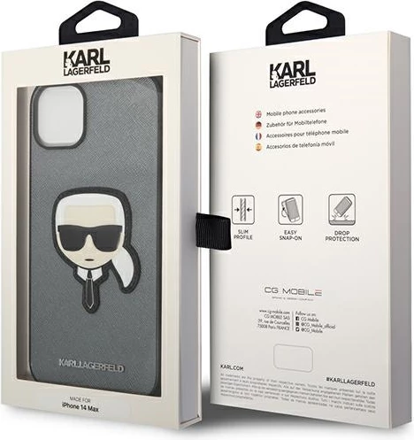 Mbështjellës Karl Lagerfeld KLHCP14SSAPKHG për iPhone 14 6.1", Saffiano Karl's Head Patch, argjend