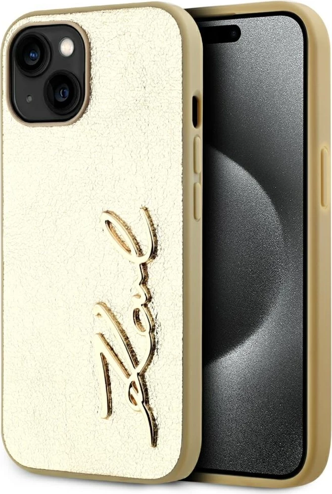Mbështjellës Karl Lagerfeld Wrinkled Metal Signature për iPhone 15, Gold