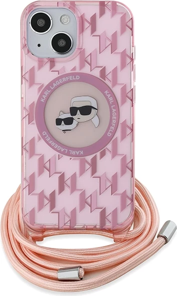 Mbështjellës Karl Lagerfeld IML Crossbody Monogram Karl & Choupette Head MagSafe për iPhone 15/14/13, rozë
