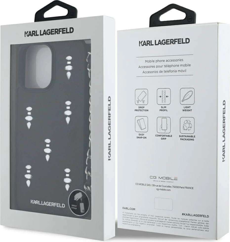 Mbështjellës Karl Lagerfeld Saffiano Crystals me zinxhir, për iPhone 16 Pro, i zi