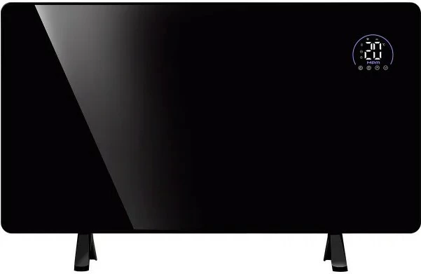 ngrohës panelor me infra të kuqe prej xhami, MPM MUG-23, 600W, Wi‑Fi Tuya, telekomandë, ekran LED, montim në mur ose me këmbë, e zezë