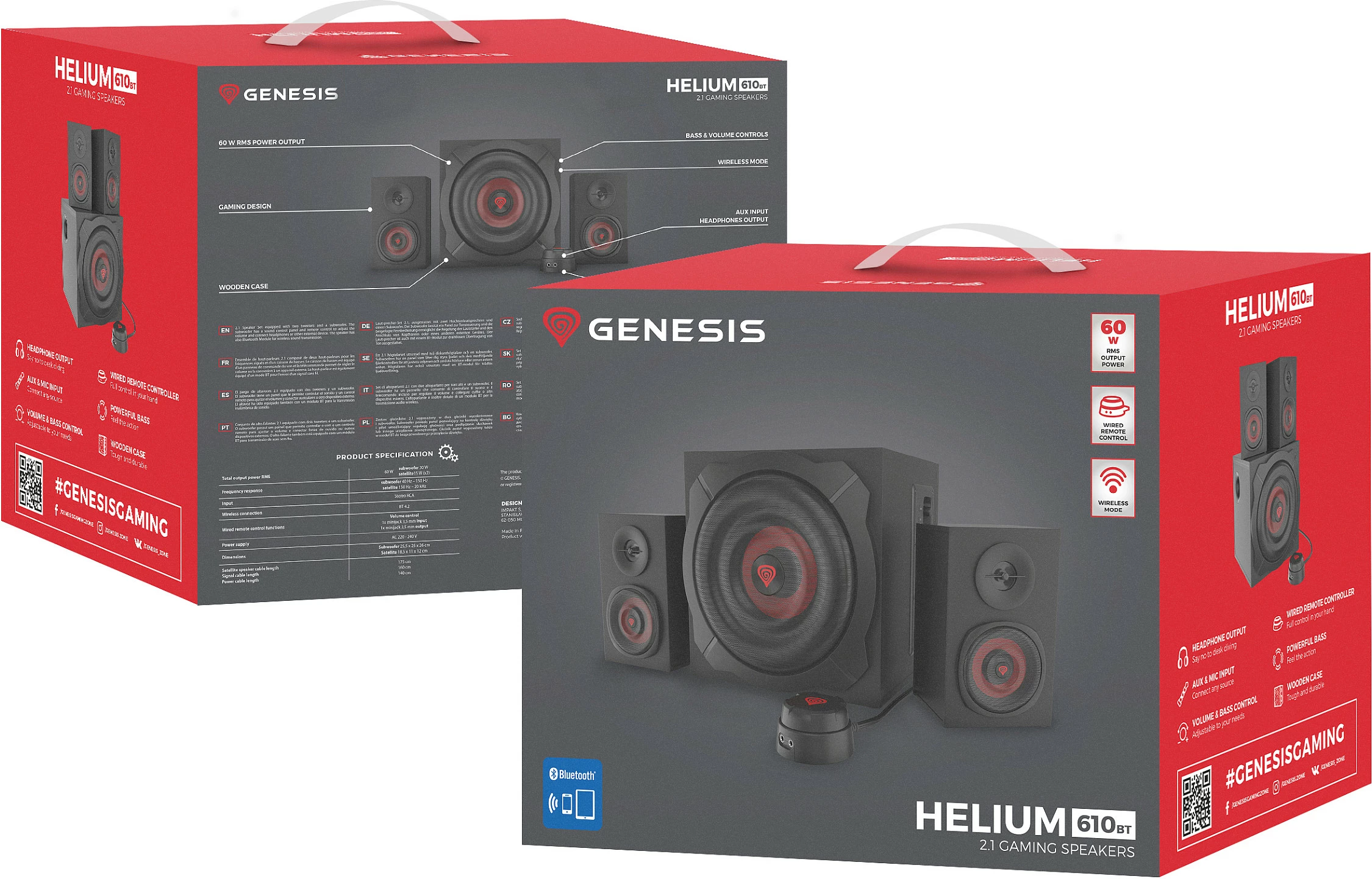 Zëdhënës 2.1 Genesis Helium 610BT, 60W, Bluetooth, për PC/Laptop, zi e kuqe