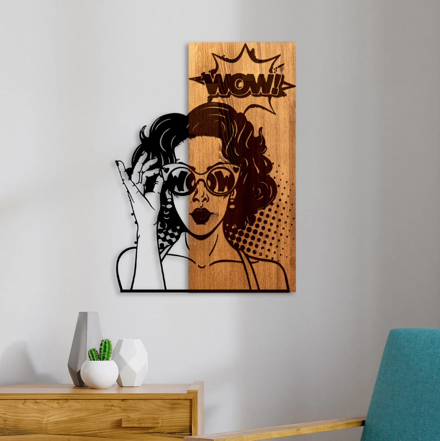 Dekor muri figurë gruaje, metal i zi, dru natyral, FH4758, 42x3x58cm