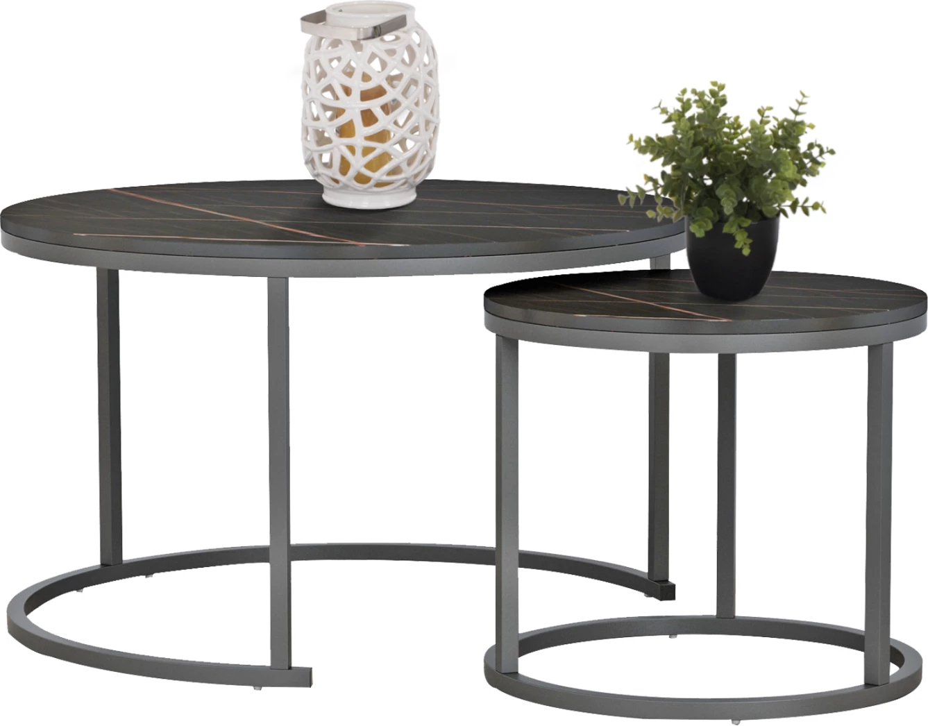 Set 2 tavolina kafeje ΗΜ8763.13, MDF efekt mermeri i zi, këmbë metalike të zeza, Φ80x48cm