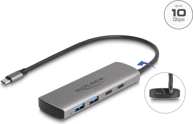 USB hub DeLOCK 2x USB-A + 2x USB-C, 10 Gbps, Type-C lidhje, gri