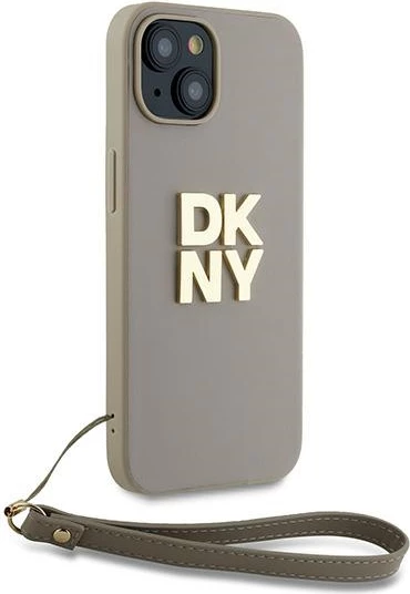 Mbështjellës DKNY Wrist Strap Stock Logo për iPhone 15 Plus, bezhë