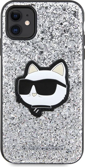 Mbështjellës Karl Lagerfeld KLHCN61G2CPS për iPhone 11/XR 6.1", Glitter Choupette Patch, Argjendtë