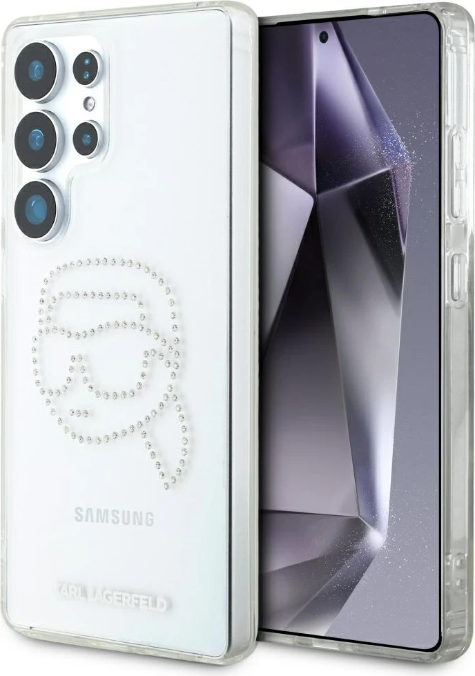 Mbështjellës Karl Lagerfeld Rhinestones Karl Head Logo për Samsung Galaxy S25 Ultra, transparent