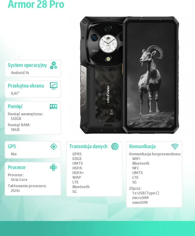 Celular Ulefone Armor 28 Pro 5G 16/512GB 6.67" AMOLED IP68/IP69K MIL-STD-810H Black