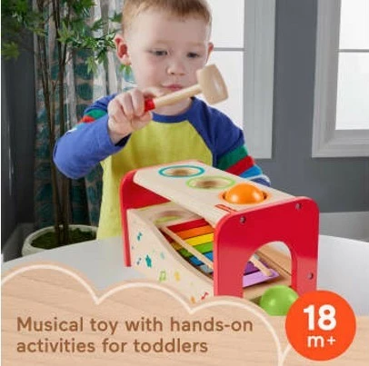 Lodër muzikore prej druri Fisher Price HXT88 me ksilofon dhe topa, shumëngjyrëshe
