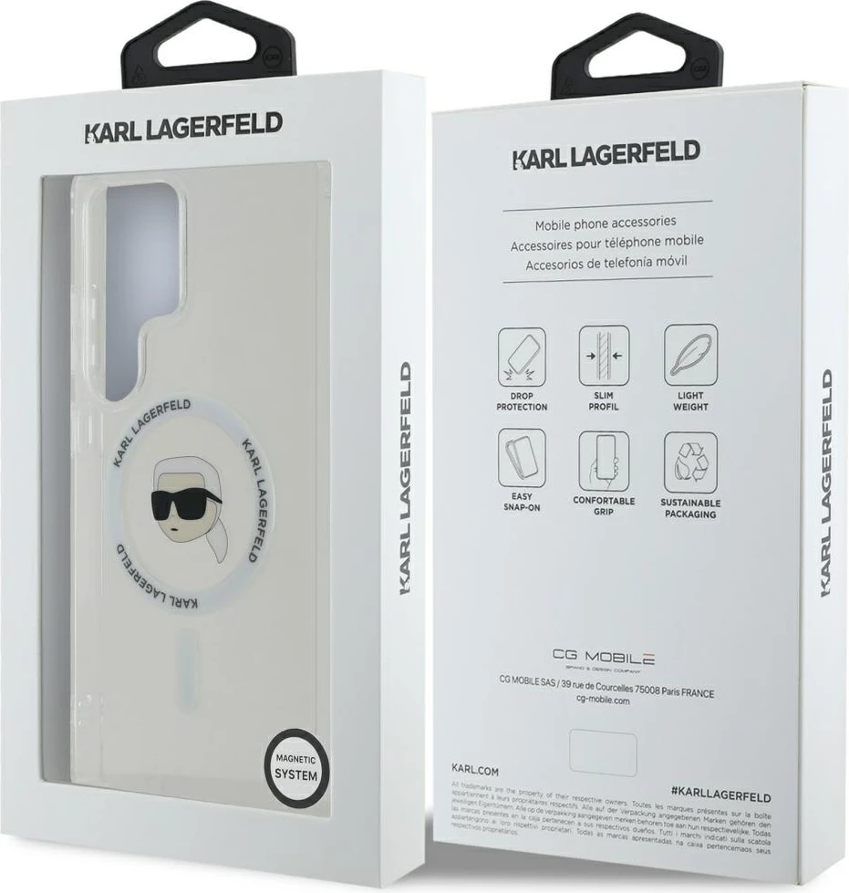 Mbështjellës Karl Lagerfeld Button Karl Head Printed Logo MagSafe për Samsung Galaxy S25 Ultra, Bardhë