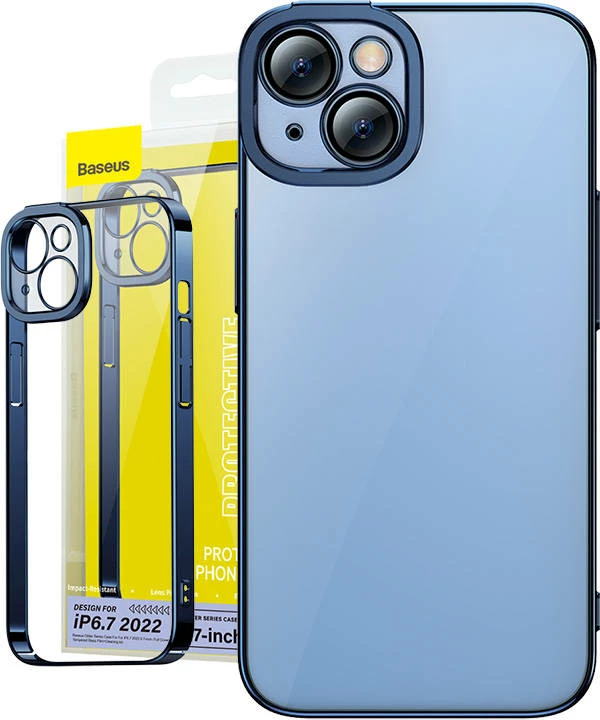 Mbështjellës Baseus Glitter me xham të temperuar për iPhone 14 Plus, Blu, set