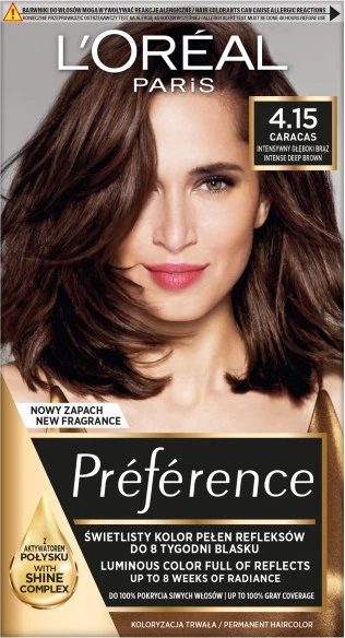 Ngjyrë për flokë L'Oreal Paris Preference 4.15 Caracas për femra, 1 copë