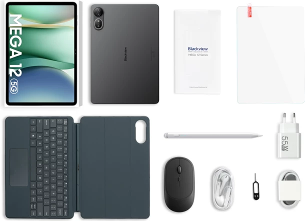 tablet BLACKVIEW MEGA 12 12.2\" 12GB/256GB 5G, ari, set me mbrojtëse xhami + mbulesë me tastierë + maus pa kabllo + stilolaps + kufje me kabllo + karikues + kabllo USB