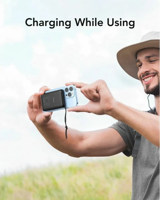 Powerbank VEGER MagOn 10000 mAh, MagSafe/Qi 15W, PD/QC 22.5W, e zez, set me kabllo Type-C + unazë mbështetëse