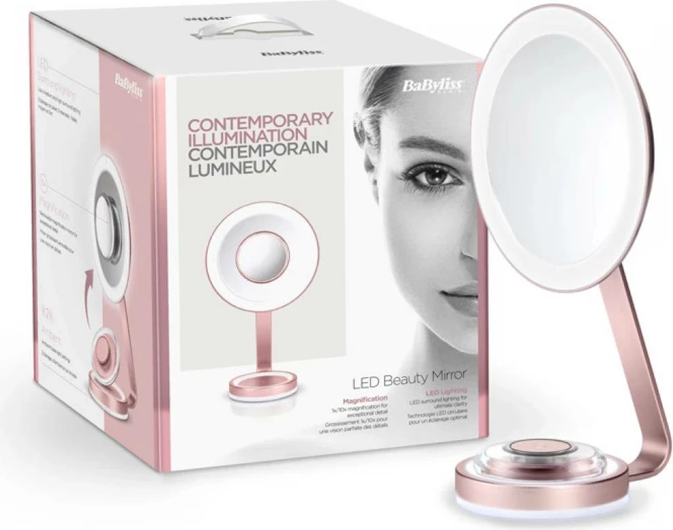 Pasqyrë kozmetike, BaByliss, 9450E, 19 cm, zmadhim x10 me pasqyrë magnetike, LED me disa modalitete, rrotullim 360°, dyanshme, rozë satin