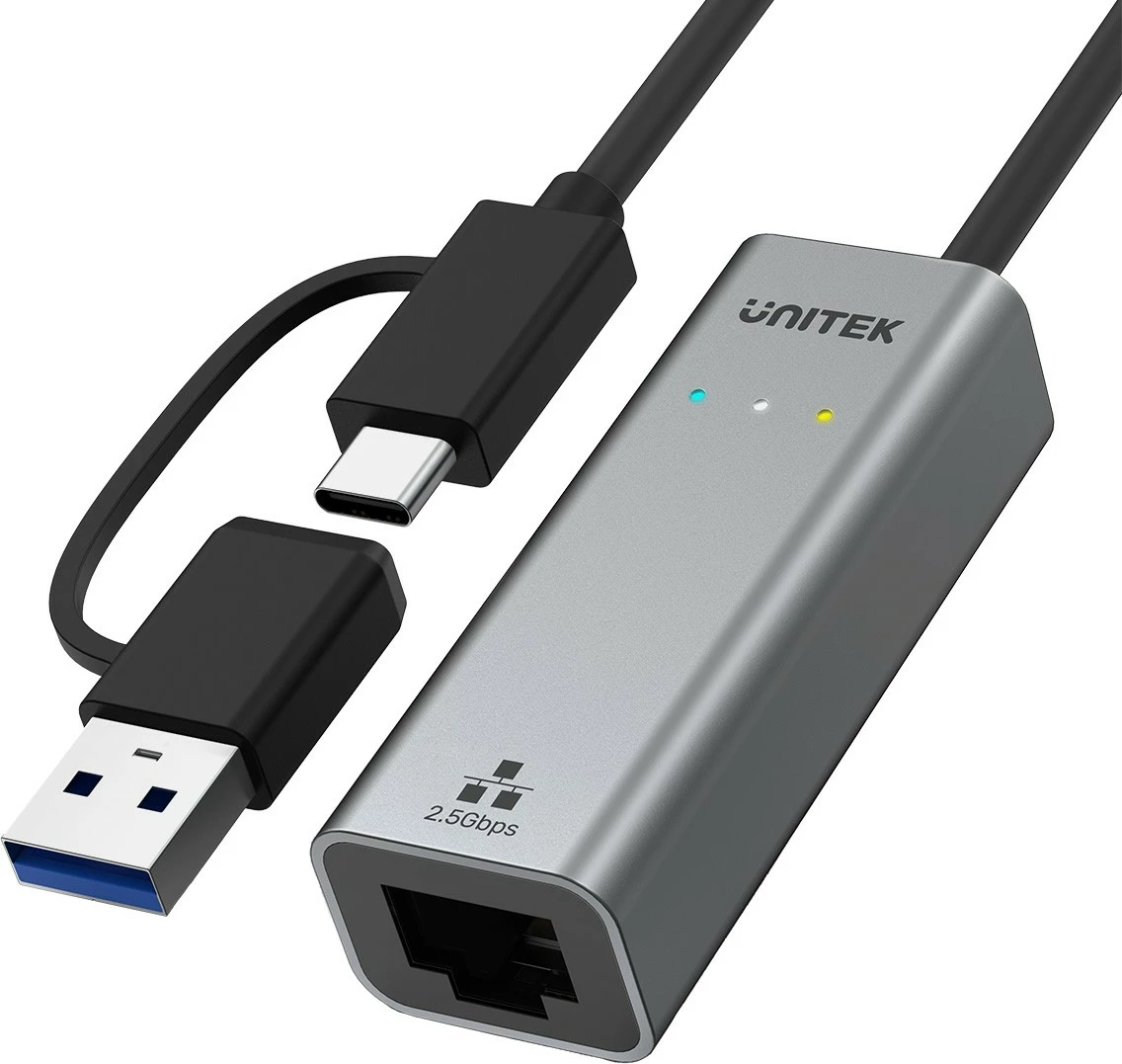 Adapter LAN Unitek U1313C, USB-A/C në RJ45, 2.5 Gbps, Gri/Argjend