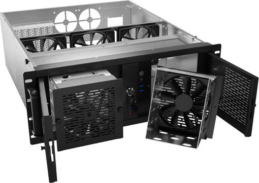 Kasë serveri Lanberg SC01-5204-12B, 4U, për rack 19", ATX/ITX/Micro ATX/SSI-CEB, 13 slote disqesh, 5 ventilatorë, e zezë/çelik