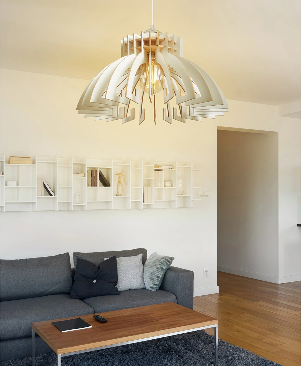 Llambë tavani prej druri, e varur, e bardhë, FH7350.02, Φ54x65Υ cm