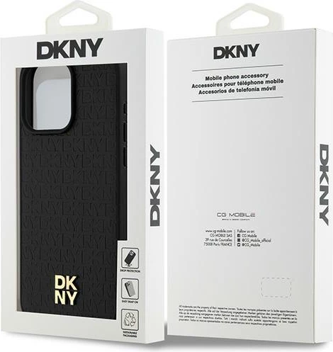 Mbështjellës DKNY Leather Monogram Pattern Metal Logo MagSafe për iPhone 15 Pro Max, i zi