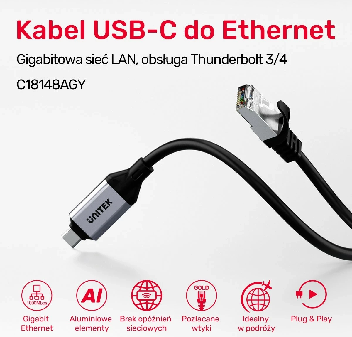 Kabllo Ethernet Unitek USB-C RJ-45 LAN, 3m, ngjyrë zezë-argjendtë